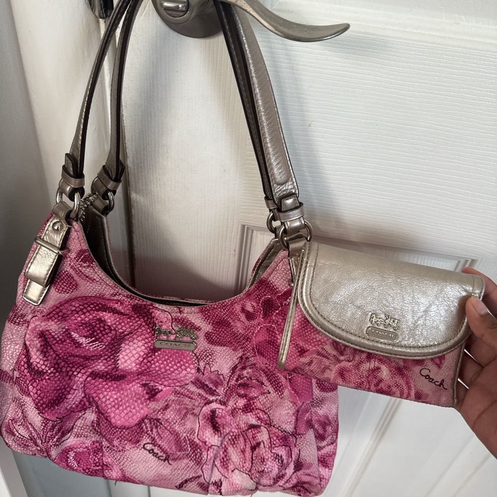 Coach Pink Floral Bag and Silver Wallet Set